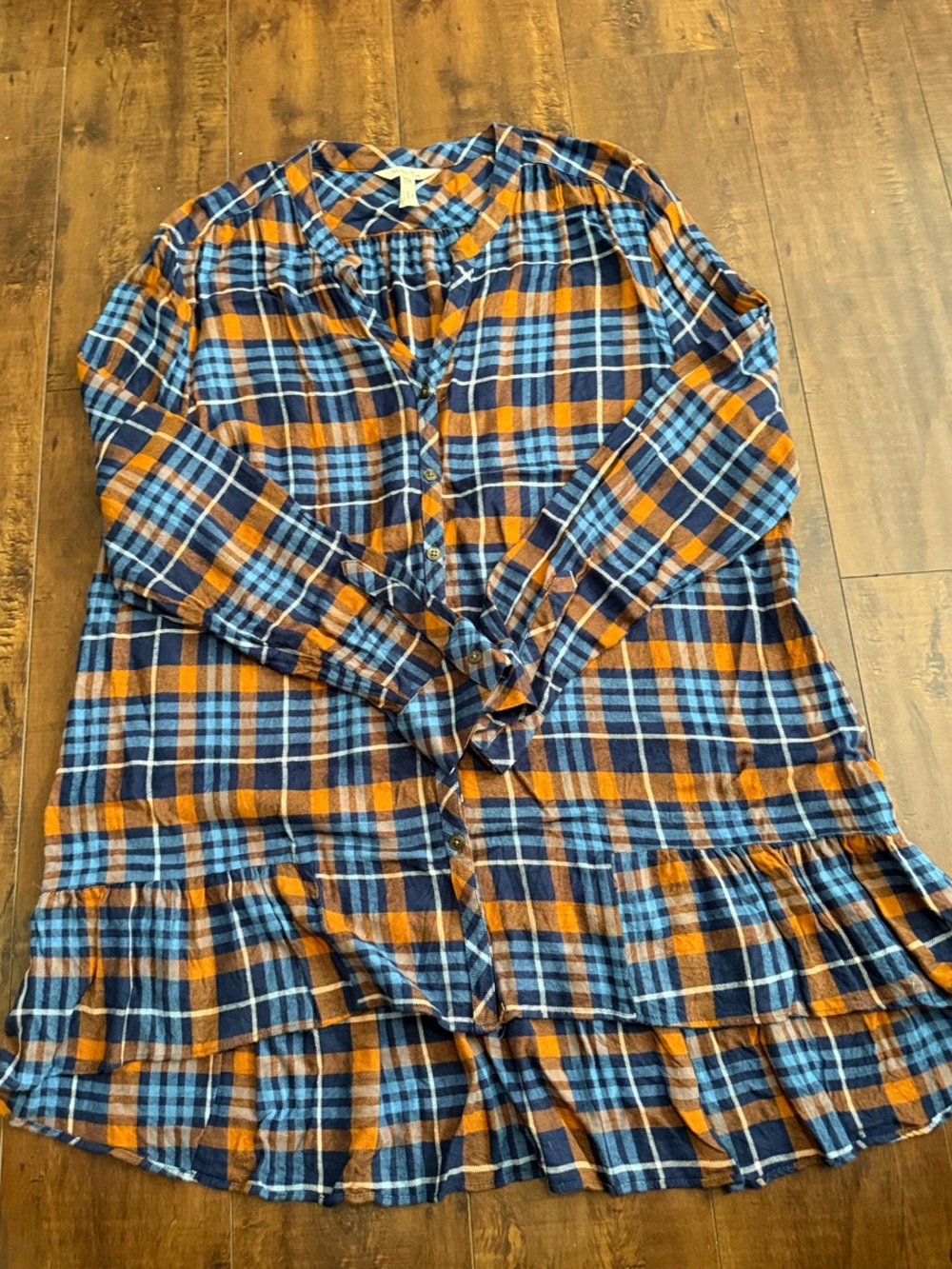 Matilda Jane Navy and Orange Plaid Button-Front Ruffle-Hem Top